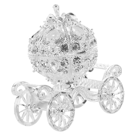 Kisangel Silver Rhinestone Princess Crystal Pumpkin Carriage Trinket Jewelry Box Collectible Figurine Decorative Jewelry Ring Display Holder Table Sculpture Cover