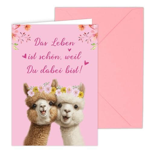 WenmthG Geburtstagskarte Freundin (Klappkarte, inkl. Umschlag), Glückwunschkarte Hochzeit Geburtstag Liebe Freundschaft, Alpaka Geburtstagsgeschenk für Beste Freundin Kollegin Mann Frau