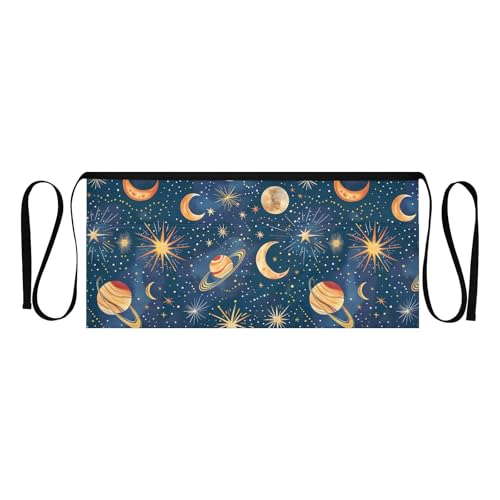 ODAWA Stars Moons Planets Blue Half Apron with 3 Pockets Serving Aprons for Waitresses Short