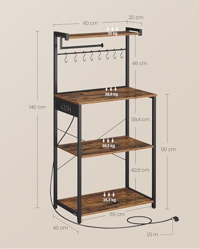 VASAGLE Estantería de Cocina con Enchufe Múltiple, Barra de Café de 4 Niveles con Estante Ajustable, 8 Ganchos S, Soporte de Microondas, 40 x 45 x 140 cm, Roble Dorado y Blanco Nube KKS013YA03 - imagen 6