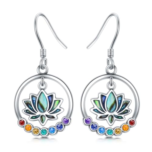 Image of enjoylifecreative 7 Chakra Lotus Earrings 925 Sterling Silver Lotus Flower Abalone Shell Dangle Earrings Yoga Lotus Jewellery Gifts for Women Girls