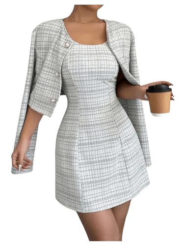 Image of SOLY HUX Women's 2 Piece Outfits Plaid Long Sleeve Button Down Cropped Jacket and Sleeveless Mini Dress Sets