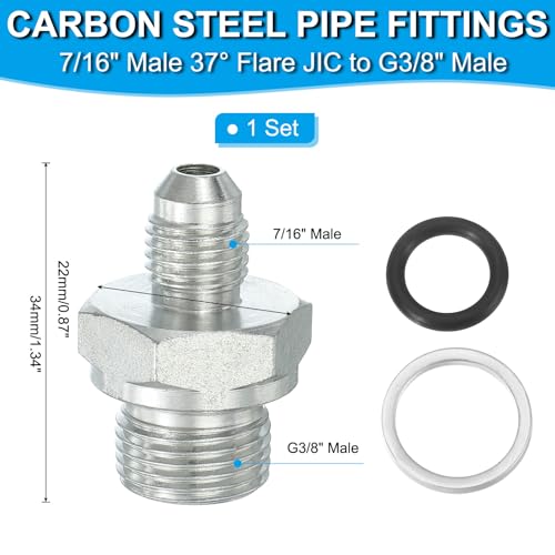 Image of PATIKIL Hex Reducing Nipple Connectors Pipe Adapter 7 /16 inch Male 37 Flare JIC x 3 /8 inch g Male, Pipe Fitting Reducer Nipple Adapter Plated Steel Hydraulic Fitting