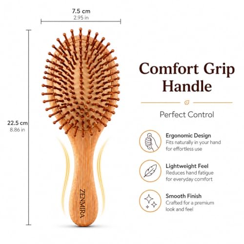 Image of ZENMIRA Round Bamboo Paddle Hair Brush with Natural Boar & Nylon Bristles - Eco-Friendly Wooden Detangling Hairbrush for Women & Men - Anti-Static Scalp Massage Brush for All Hair Types