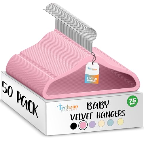 Image of TechZoo 50 Premium Baby Velvet Hangers - 11.8 Inches Non-Slip & Ultra-Slim Baby Hangers for Space-Saving & Children Clothes - 360 Swivel Hook, Strong & Durable Infant & Toddler Clothes Hanger - Pink