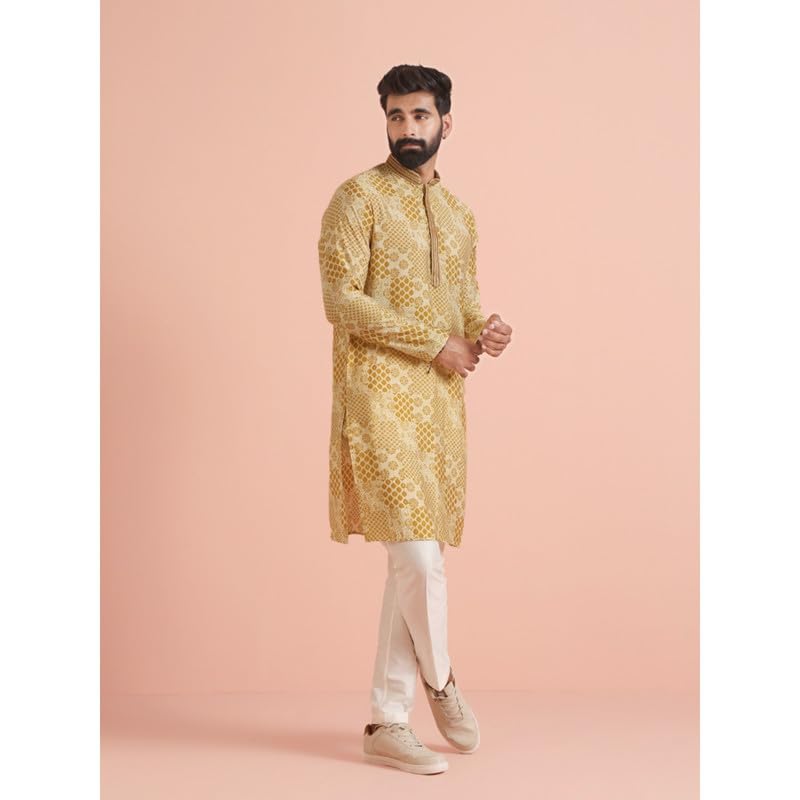 Kisah Mens Kurta Trouser Set|Cotton Blend Fabric Printed Pattern Mens Ethnic Wear|Regular Fit Mandarin Collar Long Sleeves, Mustard, 40