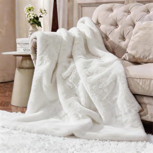 Faux Rabbit Fur Throw Blanket 880 GSM,Ultra Soft Thick Warm Bubble Plush, Reversible Throw for Couch Sofa Bed, Cozy Shaggy Blanket for Bedroom & Living Room(50"x60",White)