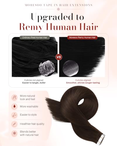 Image of Moresoo Dark Brown Tape In Human Hair Extensions, 10 Inch, 20Pcs, 30g | Tape in extensions human hair, Remy straight texture, flat tabs, short length for sleek bobs and center-part styling