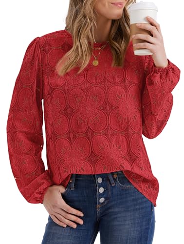 Image of OFEEFAN Blouses for Women Dressy Casual Spring Tops 2026 Summer Outfits Flower Lace Crochet Long Sleeve Shirts