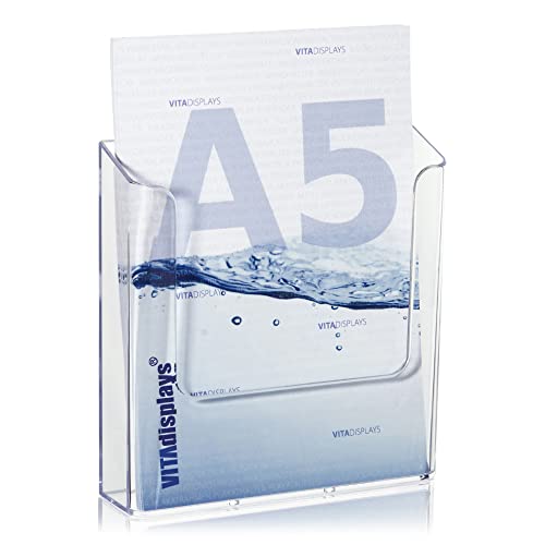 VITAdisplays 4 Stk. DIN A5 Wandprospekthalter, transparenter Flyerhalter zur Wandmontage, Wand-Prospekthalter für DIN A5 Flyer, Prospekthalter als Wandhalter für Prospekte und Kataloge