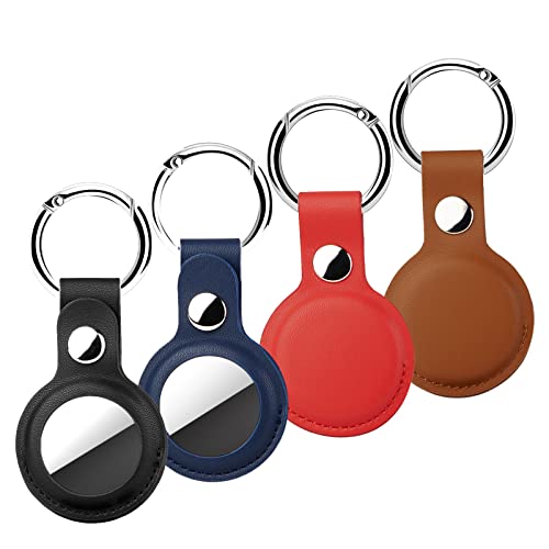 CloudValley [Lot de 4] Porte Clé pour Apple AirTag en Cuir, Air Tag Support Accessoires Porte Clef AirTags, [Anti-Chute, Anti-Rayures] Etui Collier Chien Bagages (Noir, Marron, Bleu, Rouge) Cover