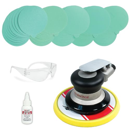 AirVANTAGE 6" Random Orbital Palm Sander KIT (3/16" Orbit with PSA Vinyl Pad) with 50 pcs Sandpaper, Safety Glasses, Air Tool Oil