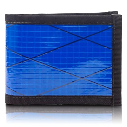 Image of Flowfold Vanguard Recycled Sailcloth Bifold Wallet | Slim and Durable with Cash pocket, Two Hidden Card Pockets and Two ID Windows | Holds 10-12 Cards | Minimalist Wallet Made in USA | Blue Sailcloth