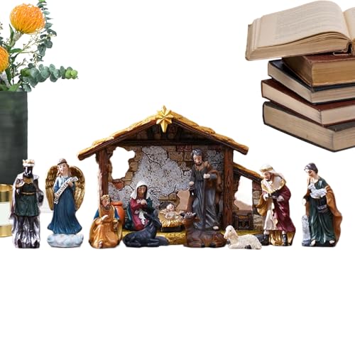 Juego de figuras de belén – 12 piezas de resina de estatua de nacimiento religiosa, decoración religiosa de navidad, esculturas de belén hechas a mano, adorno tradicional, representación elegante de