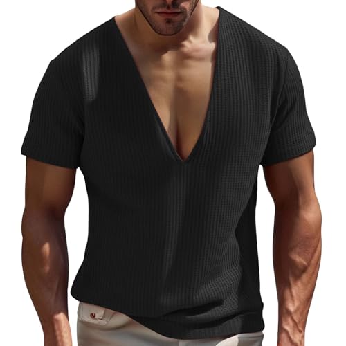 Muscle Shirts for Men Texture Deep Vneck Short Sleeve Tshirts Stretch Breathable Outdoor Running Workout Sweatshirts