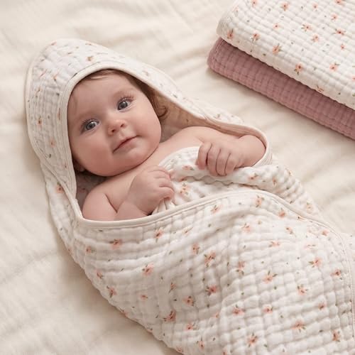 Image of Blissful Diary Muslin Baby Hooded Towel 2 Pack, Soft & Absorbent Bath Towel for Baby Girls, Infant Gift, Newborn Essentials, Pink Floral & Light Pink