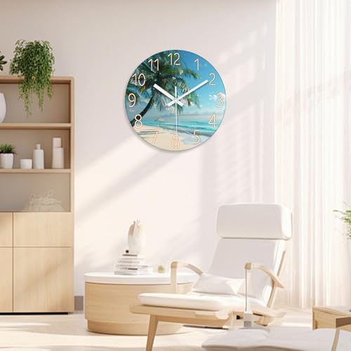 Image of XFM Large Tropical Beach Wall Clock Silent Non-Ticking 24 Inch | Silent Non-Ticking Battery Operated Blue Modern Glass Palm Tree Decorative for Living Room Kitchen Bedroom Office