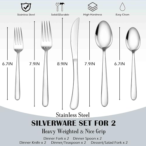 Image of E-far Heavy Duty Silverware Set for 2, 10-Piece Stainless Steel Flatware Cutlery Set, Mirror Polished & Dishwasher Safe - Includes Spoons and Forks Knives Ideal for Home Kitchen