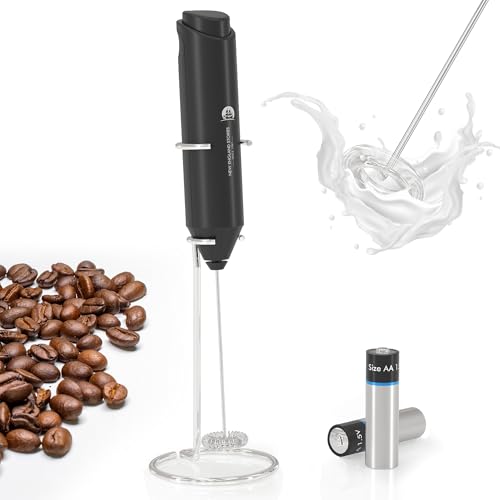 Image of Milk Frother with Stand (Battery Included), Handheld Battery Operated Electric Foam Maker with Stainless Steel Whisk for Coffee, Latte, Cappuccino, Hot Chocolate