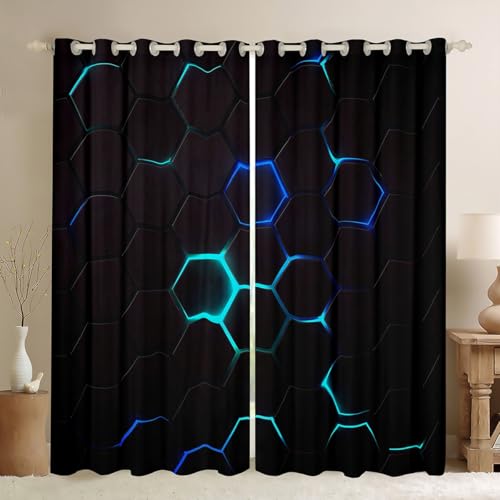 Honeycomb Window Curtains Teens Adult Women,Blue Teal Neon Blackout Curtains for Bedroom,Hexagon Draperies for Living Room,Chic Creative Window Treatment Blackout Curtains Set of 2 Panels,42Wx84L