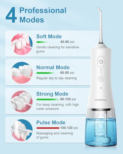 Image of Operan Water Flossers for Teeth Cleaning Upgraded 300ml Cordless Water Dental Flossers Rechargeable Oral Irrigator with 4 Modes 4 Jet Tips IPX7 Waterproof Water Floss for Home Travel (White)+1Pack