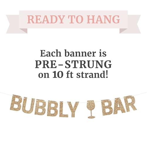 Image of Pre-Strung Bubbly Bar Banner - Gold Glitter Champagne Mimosa Bar Banner | No DIY - Pre-Strung on 10 ft Strand - Drink Sign - Pearls & Prosecco Bridal Shower Brunch Bachelorette Party Decorations