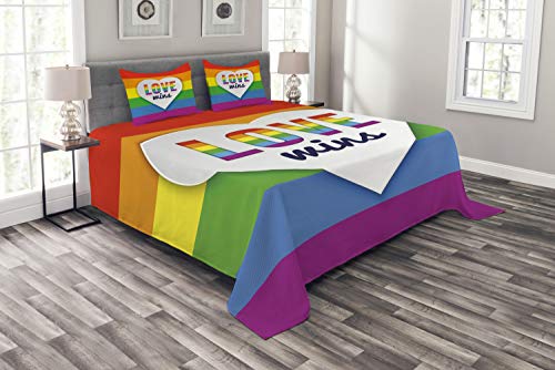 Amazing 🔥 Ambesonne Pride Bedspread, Rainbow Flag with Stripes Heart with Love Wins Text LGBT Culture Colorful, Decorative Quilted 3 Piece Coverlet Set with 2 Pillow Shams, Queen Size, Purple Blue