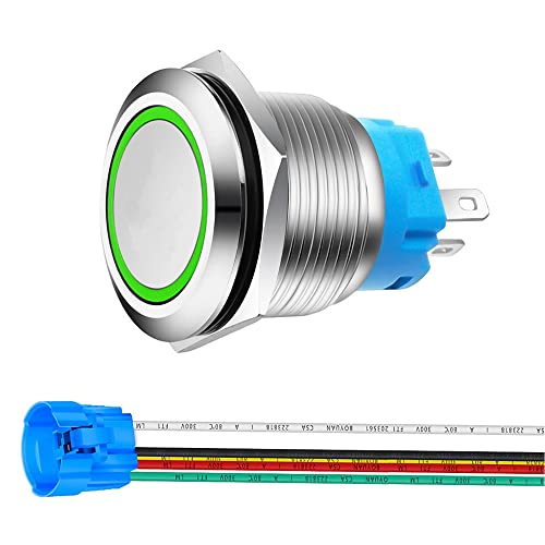 Gebildet 0.87 Inch/22mm Stainless Steel Momentary Push Button 12V-24V 5A LED 1NO1NC SPDT ON Off Waterproof with Wire Socket Plug (Green LED)