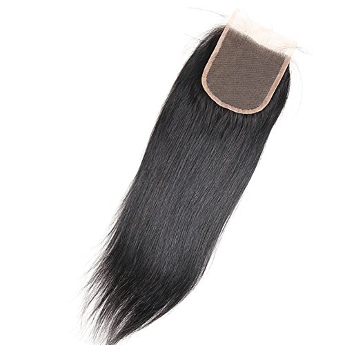Human Hair Straight Lace Closure 4X4 3 Part with Baby Hair Bleached Knots Swiss Lace Top Closure Natural Black 14”inch