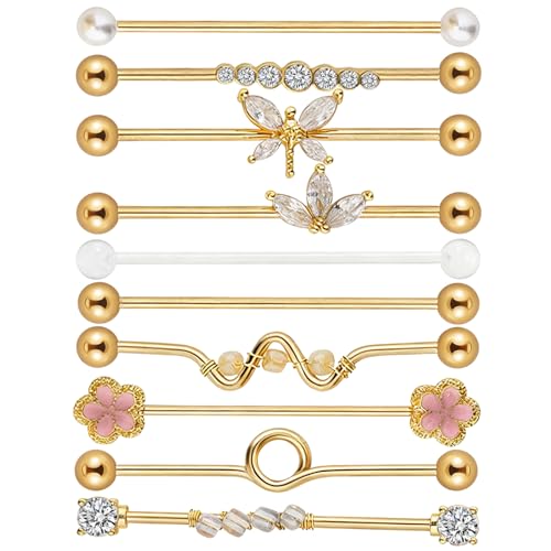 Clofiak 10Pcs 14G Industrial Piercing Jewelry Surgical Steel Industrial Barbells Kit Golden Helix Piercing Earrings For Women Men
