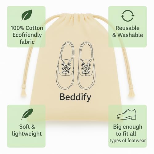 Image of Beddify Pack of 6 Cotton Travel Shoe Cover (14 X 16 Inch) Large Pouch Footwear Organizer Durable Drawstring Bags Suitable for All Size Footwear 100% Cotton Reusable & Washable Shoe Bags - Off White