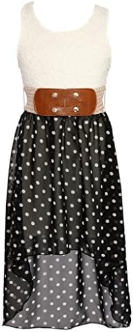 Wonder Girl Polka Dots Big Girls' Hi-Low Chiffon Dress Lace Top Woven Belt Set