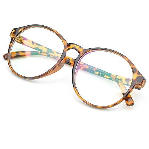 PenSee Oversized Circle Eyeglasses Frame Inspired Horned Rim Clear Lens Glasses (Leopard)