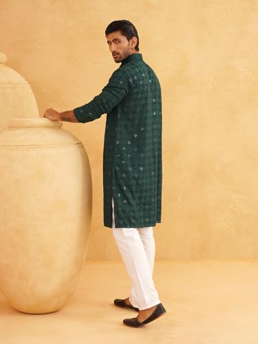 Image of SOJANYA (Since 1958 Men's Cotton Embroidered Sequinned Kurta with white Churidaar Pyjama