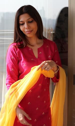Image of GoSriKi Kurta Sets for Women Viscose Printed | Kurti Set for Woman | Kurta Pant Dupatta Set | Straight Kurti | Round Neck V-Slit 3 /4 Sleeve Suit Set for Women Stylish Ethnic Outfit Clothing