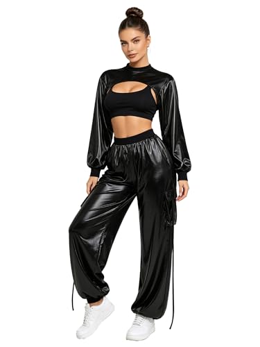 Ensemble sweatsuit femme en deux pièces avec finitions holographiques brillantes et style cargo