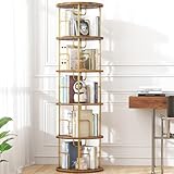 5Tier Rotating Bookshelf, 360 ° Display Stackable Spinning Bookshelf Tower,Round Space Saving Tall Floor Standing Swivel Bookcase Corner Storage Organizer for Bedroom/Living Room/Office，Gold