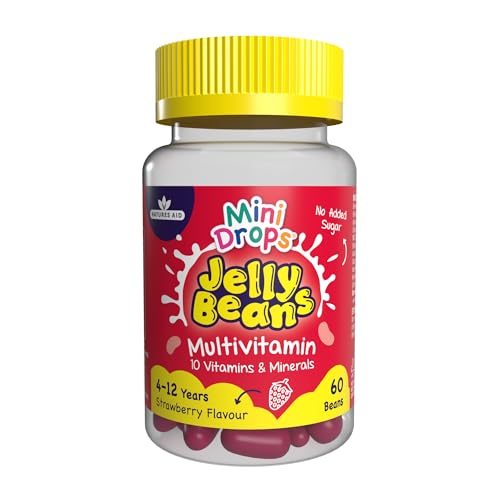 Mini Drops Jelly Beans Multivitamin - 10 Essential Vitamins & Minerals to Support Growing Bodies, Immunity & Tiredness - Strawberry No Added Sugar Gluten Free - for Children Ages 4-12 by Natures Aid