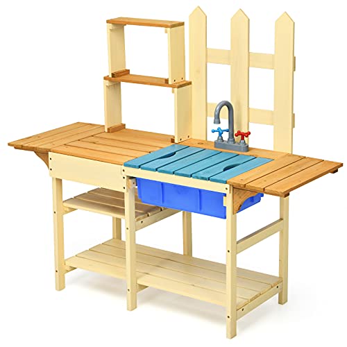 Costzon Mud Kitchen for Kids Outdoor Wooden Pretend Play Kitchen with Removable Sink Faucet Storage Shelves Mud Table Kids Kitchen Playset for Girls Boys Age 3