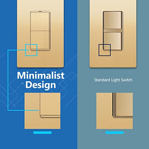 Image of LIDER Lighted Double Switch with Screwless Wall Plate, Combination Frameless Decorator Switch with Locator Light, Ground Terminal, Single Pole, 15A 120V, UL Listed, Thermoplastic, Matte Gold