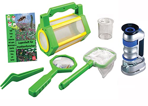 MEDUP Insektenfang Set 5teilig Aufbewahrungsbox, Kescher, Lupe, Becherlupe, Mini Zoom Handmikroskop und Lupenheft Cover