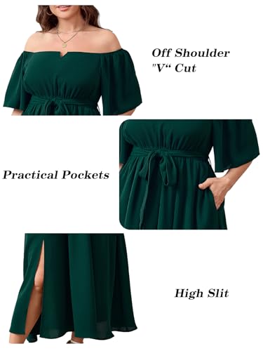 Image of SCOMCHIC Womens Plus Size Formal Dresses Off The Shoulder Wedding Guest Cocktail A-Line Split Maxi Dress with Pockets