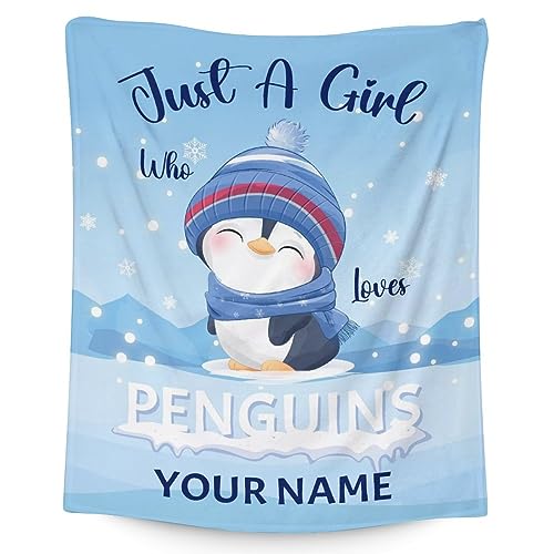 Custom Penguin Blankets with Name - Soft Warm Blanket Throw for Kids, Adults - 40"x50" Flannel Blankets for Couch, Sofa - Blue Cute Blanket Gifts