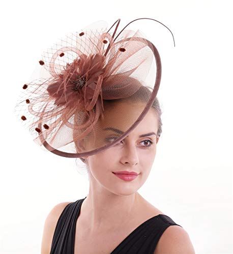 Lucky Leaf Women Girl Fascinators Hair Clip Hairpin Hat Feather Cocktail Wedding Tea Party Hat(8-Red Coffee)