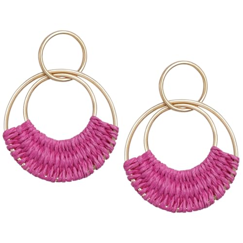 Pendientes Boho de YEAMLTE, Doble Anillo de Mimbre, Rosa, 6cm, Aleación, Colgantes, Vintage, Playa, Mujer, Fiestas, Bodas