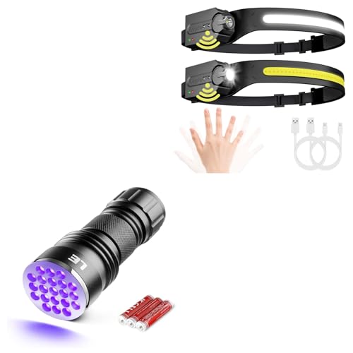 Lepro Bundle - Black Light Flashlight, Small UV Lights with 21 LEDs, 395nm, Ultraviolet Light Detector & LED Headlamp Rechargeable - Super Bright Head lamp with Motion Sensor 2 Packs