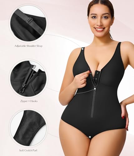 MERYOSZ Shapewear Bodysuit for Women Tummy Control Body Suits V Neck Zipper Waist Trainer Bodysuits Body Shaper Tops4