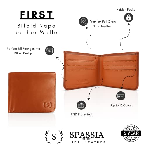 Spassia - First Wooden Brown Bifold Leather Wallet For Men, Fullgrain Leather, Rfid Blocking, Hidden Compartment, Holds Up To16 Card #TOP2