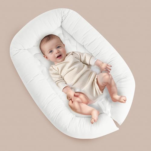 Image of Hiseeme Baby Bed with Baby Lounger Pillow, Infant Nest Cover for Sleep, Portable Nest Sleeper Cover with 100% Cotton, Adjustable Size (White)