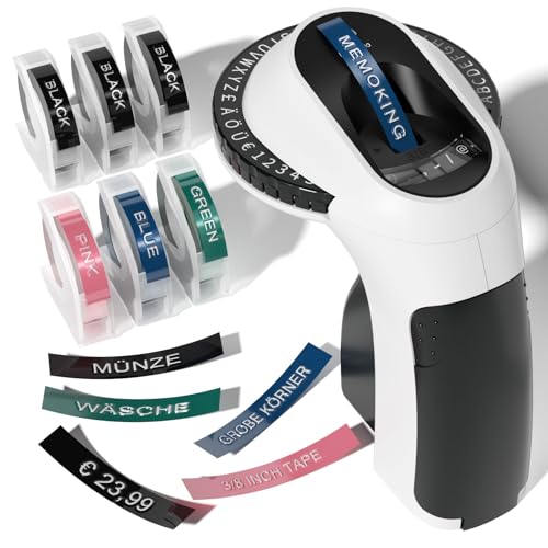 Memoking Embossing Label Maker Machine - E975 Embossed Label Maker with 6 Rolls Tapes 3/8(9mm) 3D Handheld Labelling Machine Lettering Embossing Label Printer for Kitchen Home Office DIY Gift
